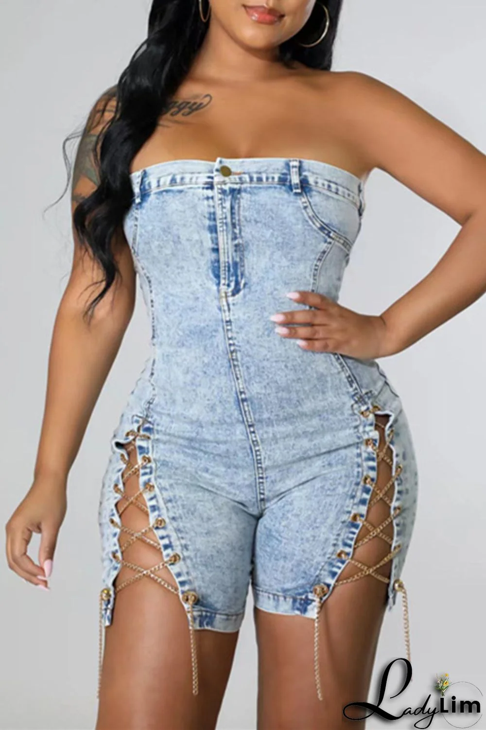 Light Blue Fashion Sexy Solid Chains Backless Strapless Skinny Romper