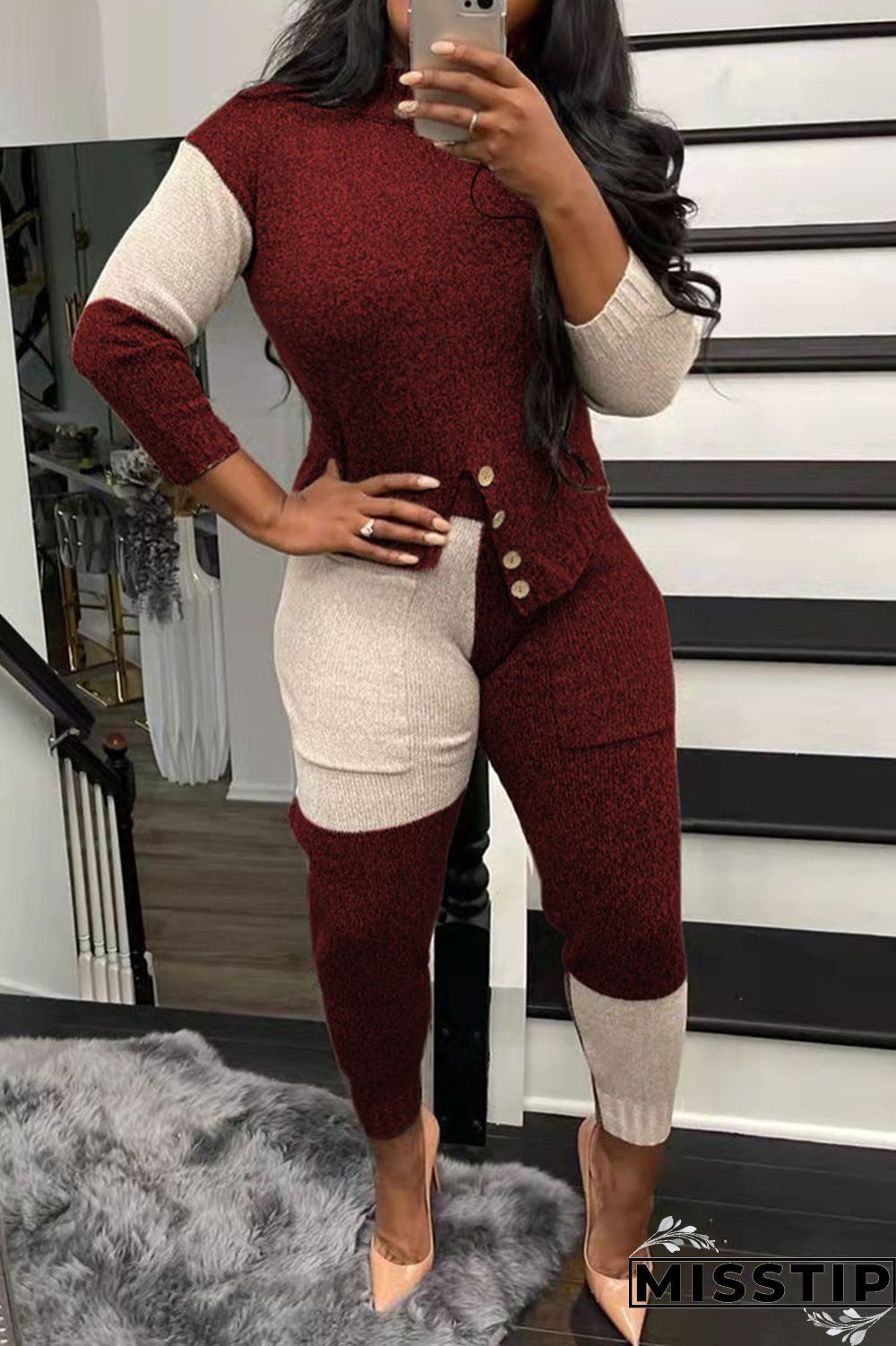 Black Fashion Casual Patchwork Asymmetrical O Neck Long Sleeve Two Pieces