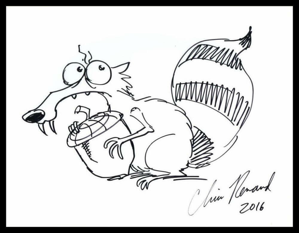 CHRIS RENAUD SIGNED AUTOGRAPH 8.5x11 ICE AGE SCRAT HAND-DRAWN SKETCH, VERY RARE!