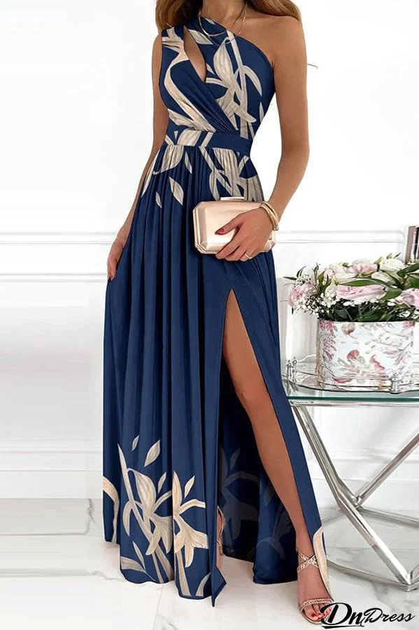 Jolie Floral One Shoulder Cutout Slit Maxi Dress