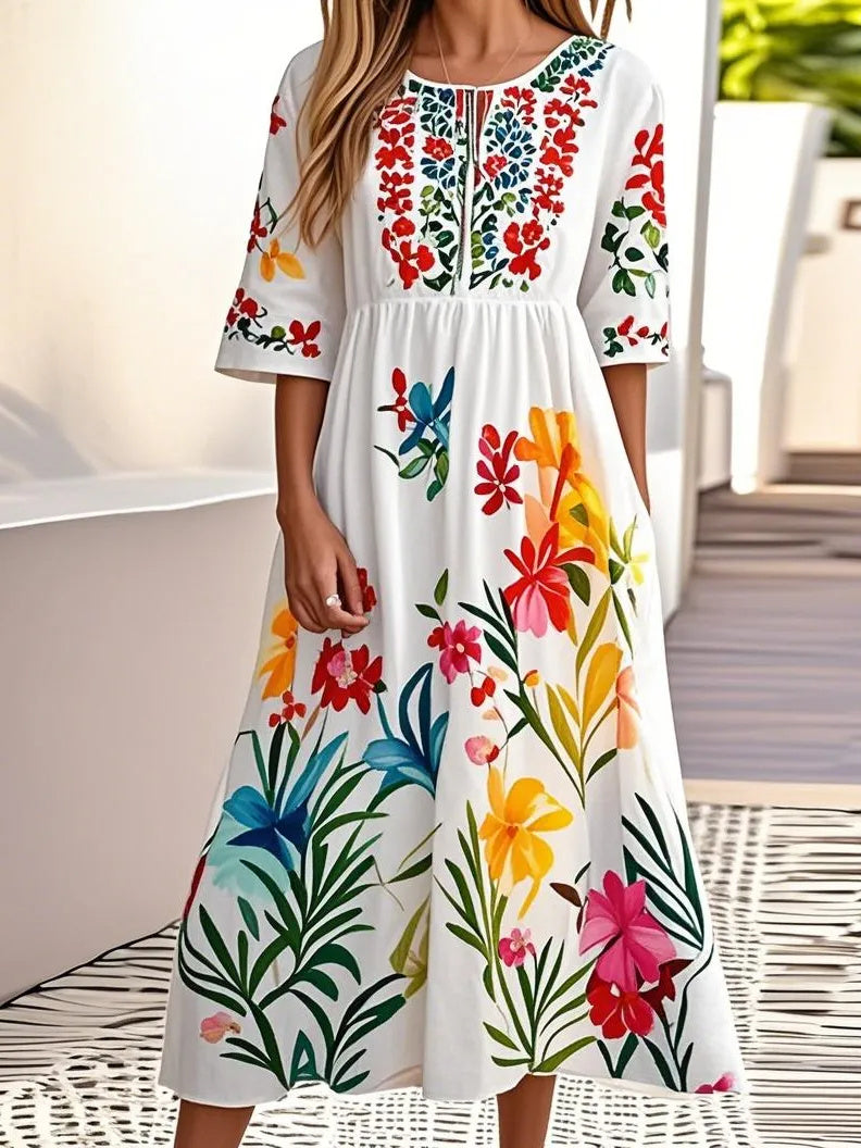 Women's Short Sleeve Scoop Neck Floral Printed Graphic Midi Dress