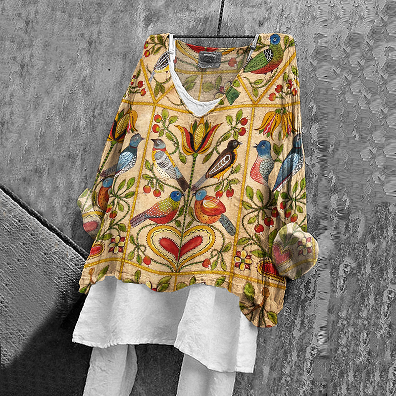 Comstylish Women's Vintage Flower And Bird Art V-neck Linen Blend V-neck Shirt