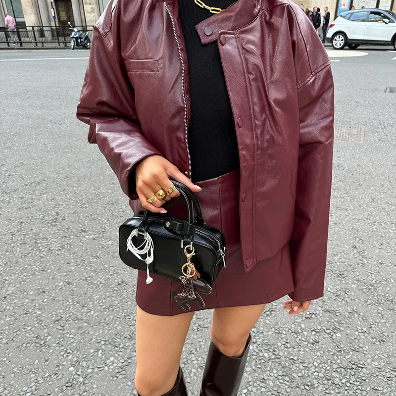 Woherb Fall 2024 Fashion New Retro Design Sense Wine Red Leather Coat Short Skirt Suit Girl-Outfit Ideas