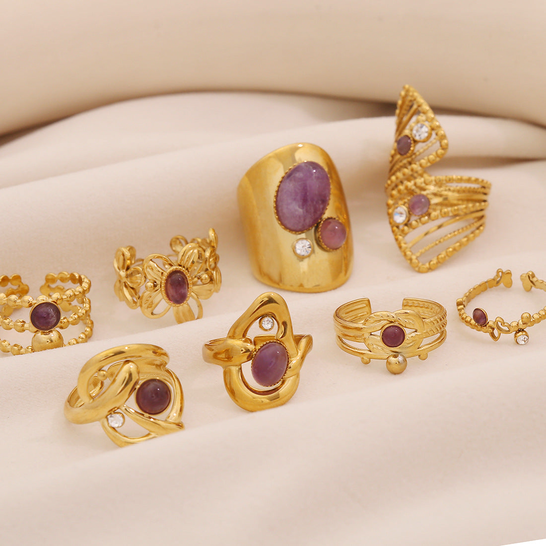 Retro Amethyst Natural Stone Ring Geometric Metal Style Open Ring R120