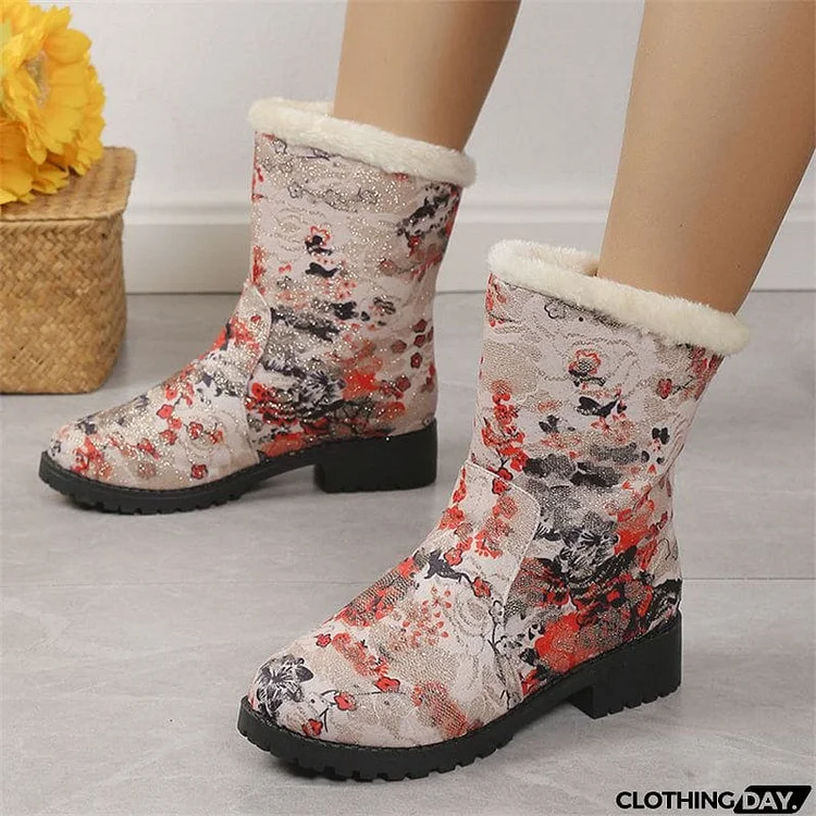 Vintage Warm Plush Print Snow Boots for Women