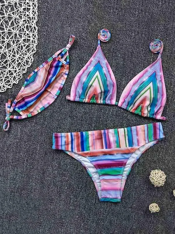 Rainbow Stripes Split-Joint Triangles Split Bikini Swimsuit+Mask
