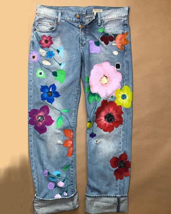 Hot-sale denim floral casual pants p451064
