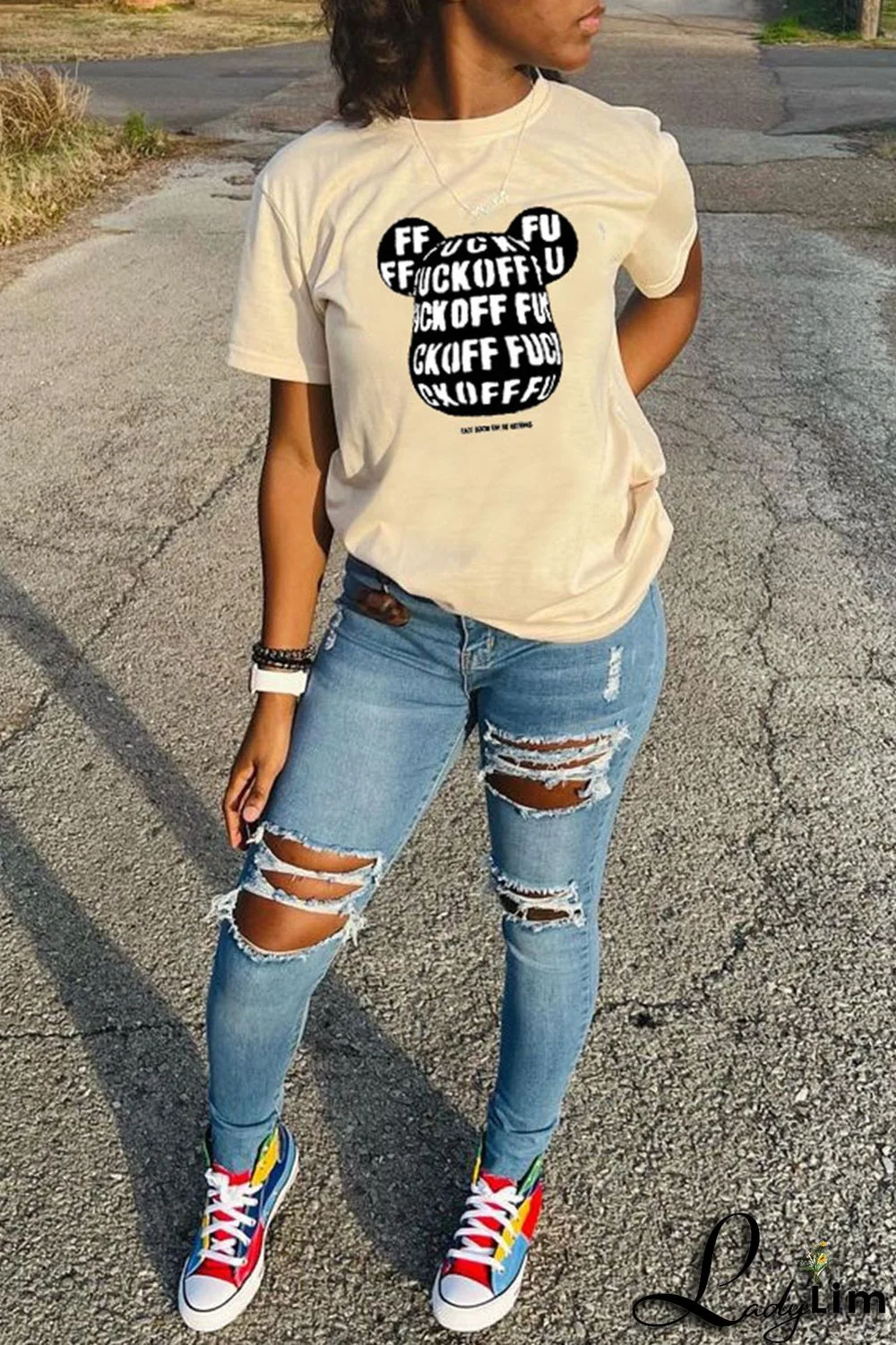 Orange Fashion Casual Cartoon Print Basic O Neck T-Shirts