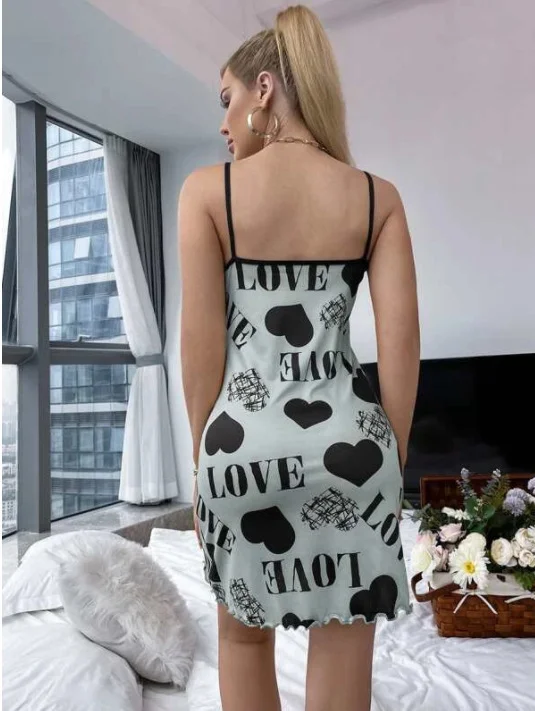 Wongn Summer Beauty Back Thin Home Clothes Sexy Sling Short Skirt Love Cartoon Cute Print Pajamas