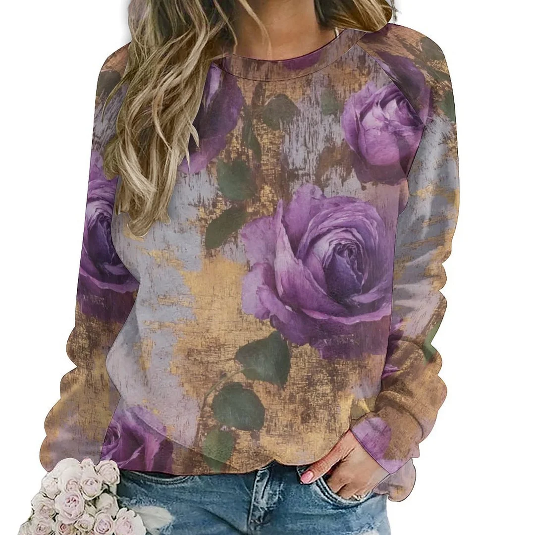 Printed Long Sleeve Casual Sweatshirt for  Women and Men Unisex Pattern Floral, Purple, Golden