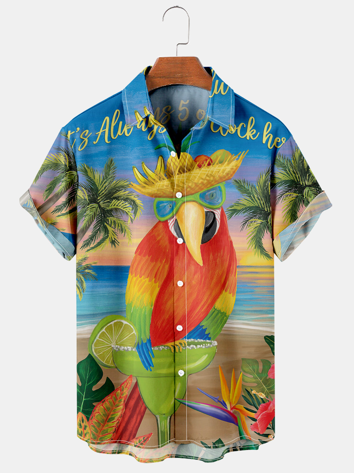 Men's Hawaiian Parrot Head Party Creative Design Short Sleeve Shirt PLUSCLOTHESMAN