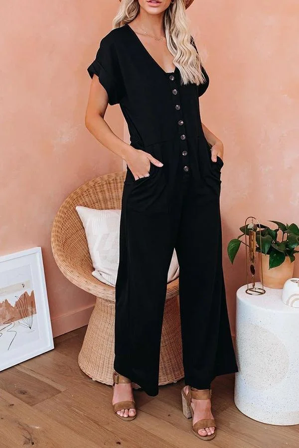 Womens Slim Fit V-neck Jumpsuit(With Buttons)-Allyzone-Allyzone