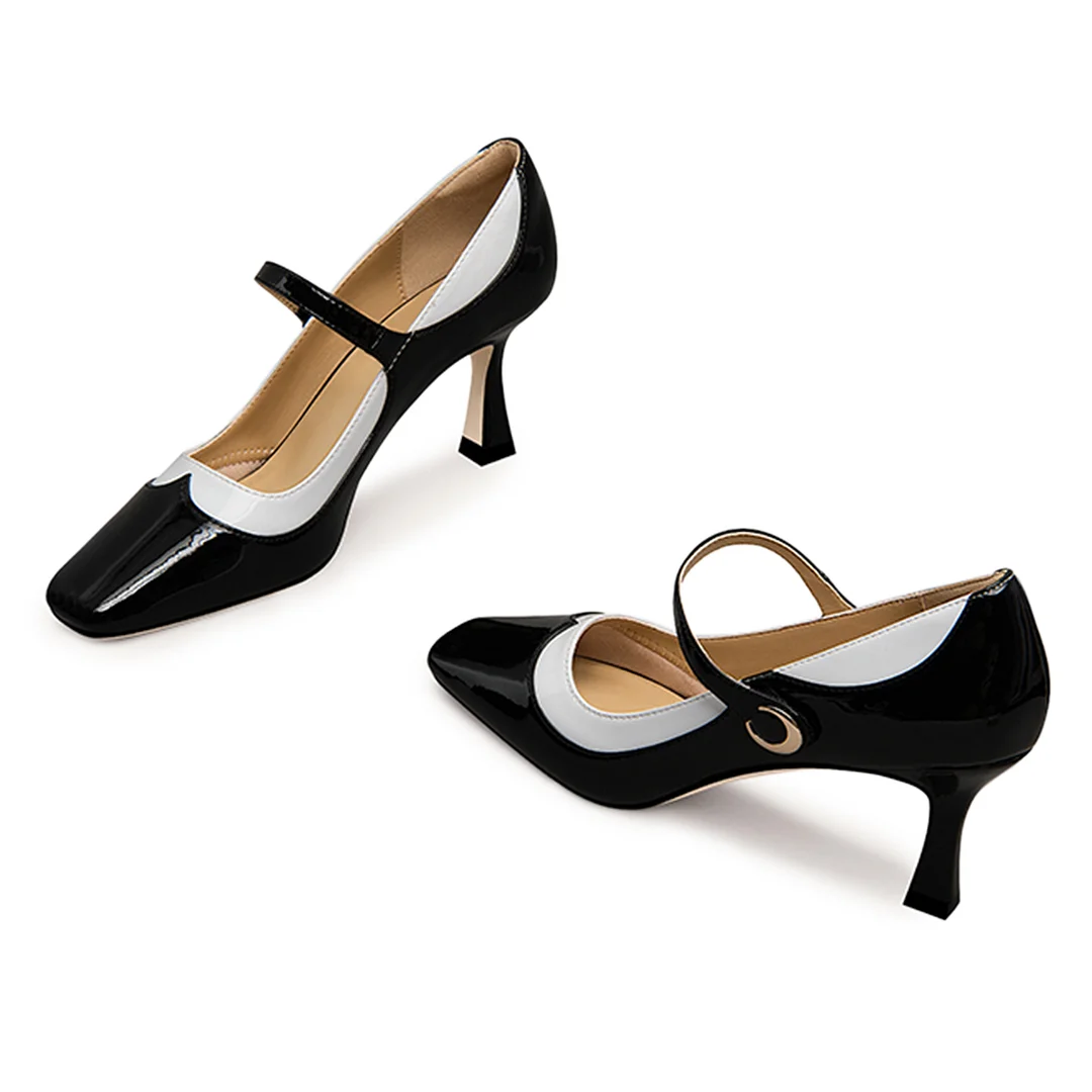 Vintage Black & White Patent Leather Square Toe Mary Jane Heels