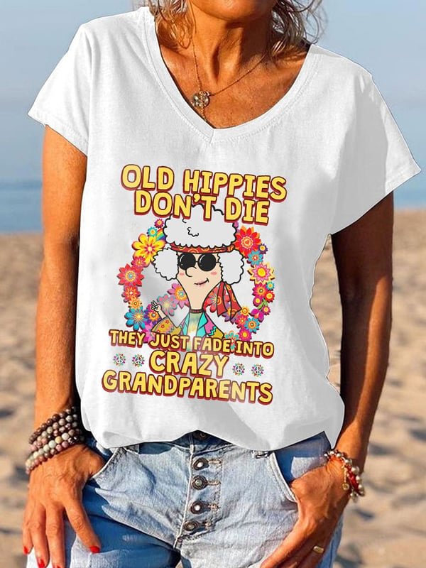 Women's Hippie OLD HIPPIES DON'T DIE Print V-Neck Short Sleeve T-Shirt