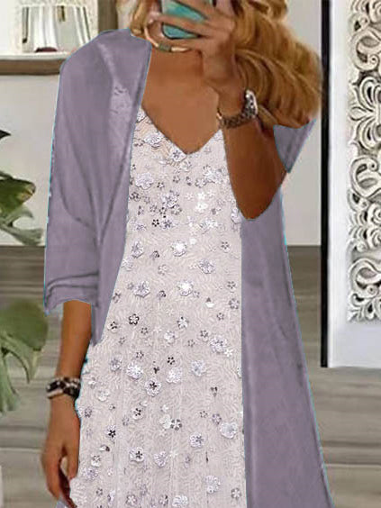 Women's Long Sleeve V-neck Floral Printed Two Pieces Maxi Dress