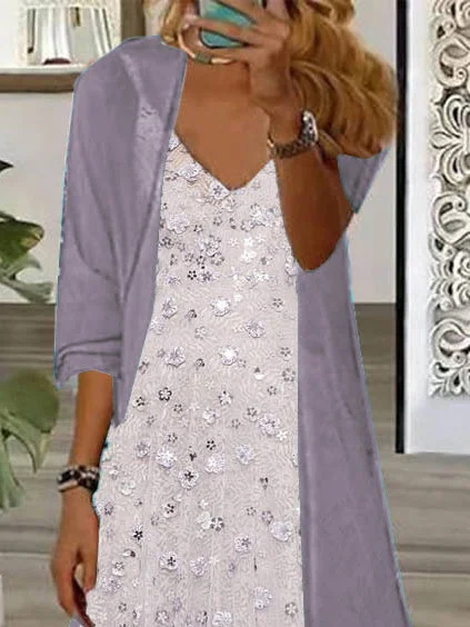 Women's Long Sleeve V-neck Floral Printed Two Pieces Maxi Dress