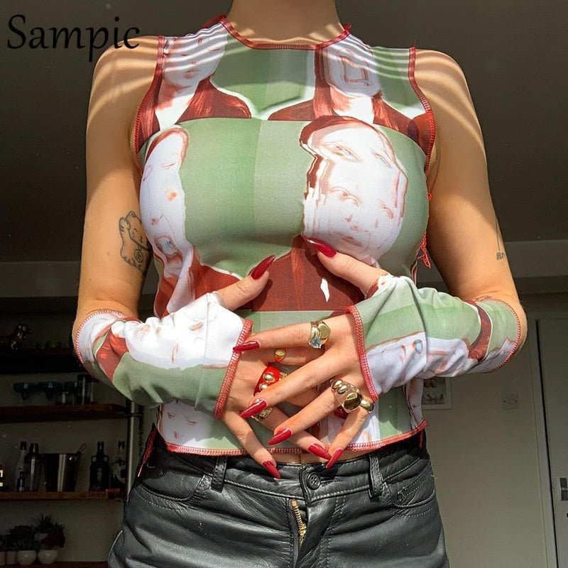 Sampic Green Summer Casual Women O Neck With Gloves Y2K Print Skinny Cropped T Shirt Tops 2021 Streetwear Basic Mini Vest Tees