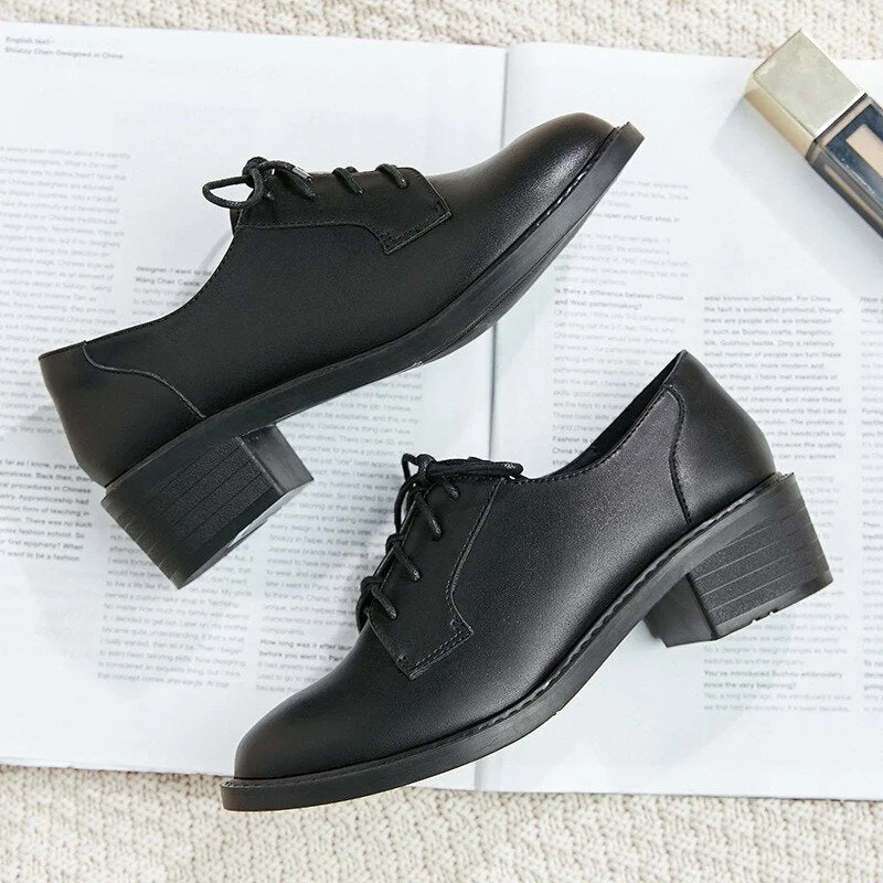 black/beige oxford shoes woman laca up flats British style small leather shoes woman derby shoes plush winter brogues women