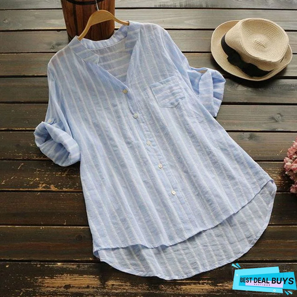 Plus Size Women Striped Blouse Tops Casual Work Shirts Elegant V Neck Blouse