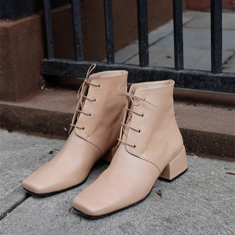 Blush Chunky Heels Ankle Booties Square Toe Lace up Vdcoo