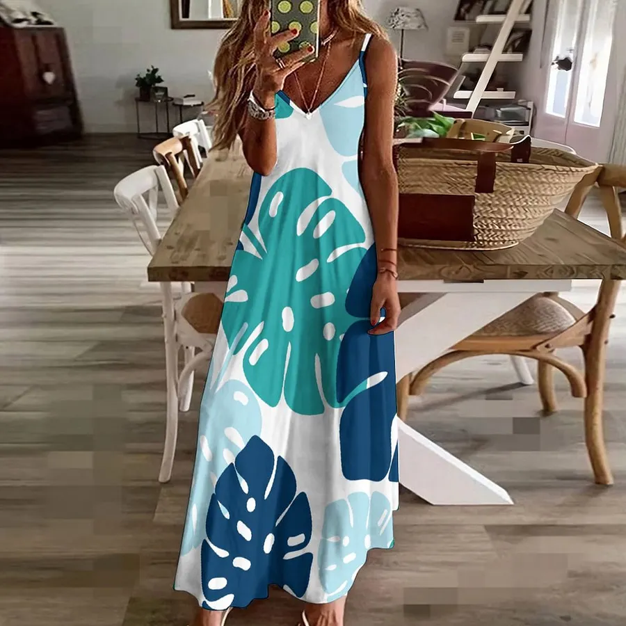 Blue Tropical Monstera Leaf Women's Casual Strappy V Neck Sleeveless Flowy Loose Long Maxi Beach Dress Sundress Blue-M