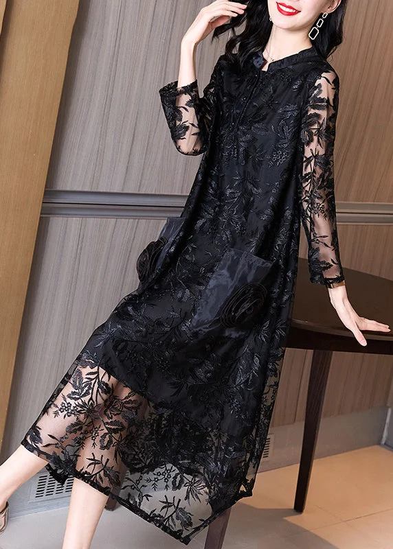 Italian Black Stand Collar Embroideried Pockets Patchwork Tulle Dress Fall
