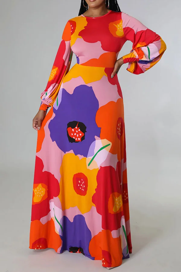 Colorful Flower Print Backless Maxi Dress