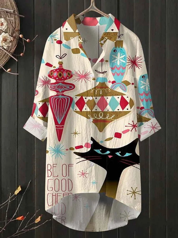 Women's Christmas Cat Art Long Shirt Dress