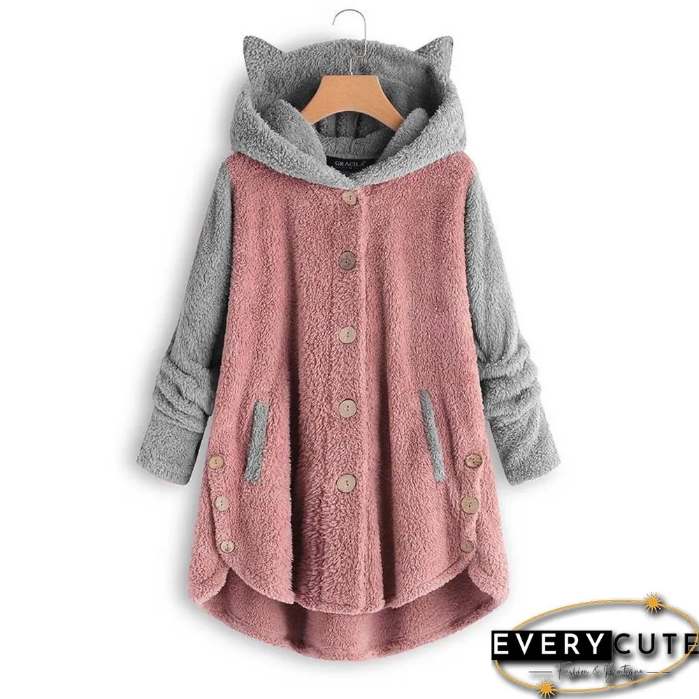 Autumn And Winter Button Hooded Cat Ears Plush Top Irregular Color Matching Coat Women