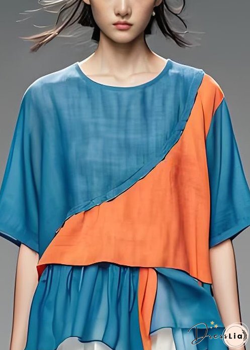 Loose Blue O Neck Asymmetrical Patchwork Cotton Top Summer