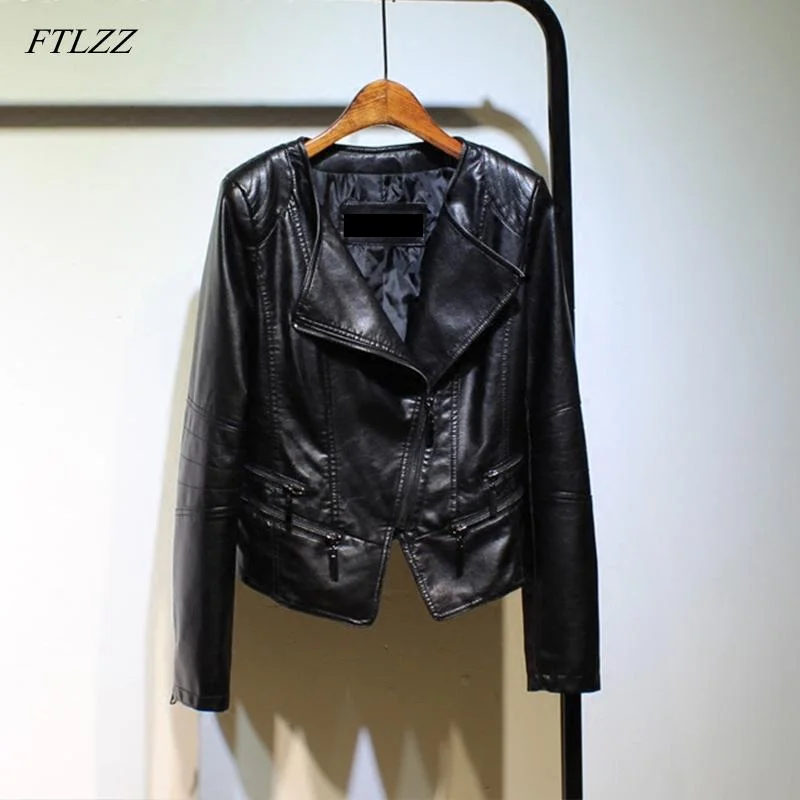 FTLZZ Women Pu Leather Jacket Spring Autumn Short Jackets Female Turn-down Collar Outerwear Black Slim Faux Soft Leather Coat