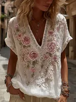 Women's Floral Embroidery Long-sleeved Linen Blend T-shirt