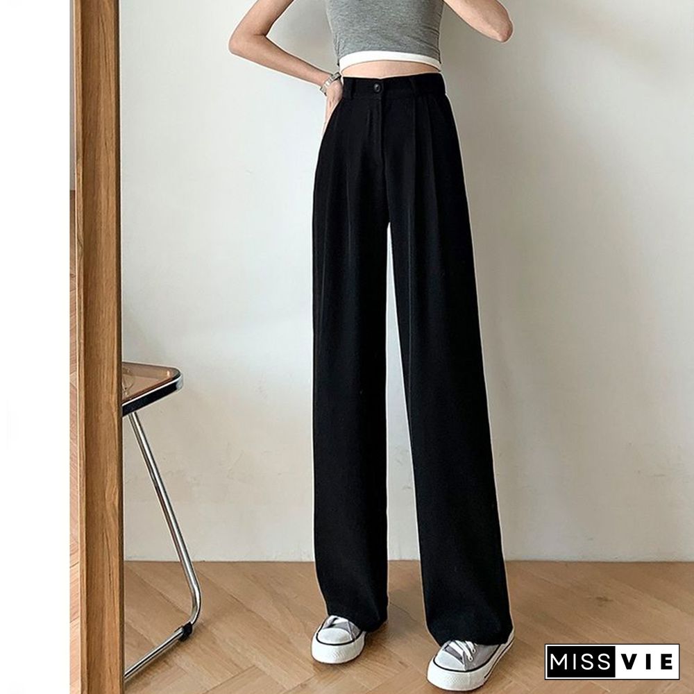 Fashion Thin Women Wide Leg Pants Summer High Waist Elastic Office Lady Loose Trousers Vintage Korean Solid Straight Pants New