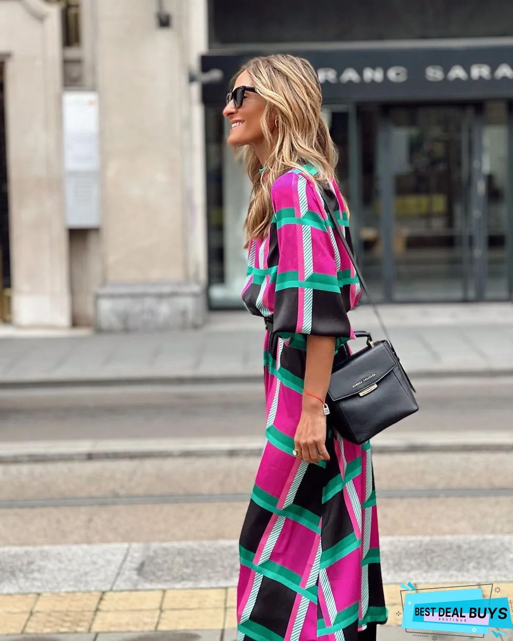 Sleeve Print Waist A-Shaped Dress Plus Size Ladies Dress