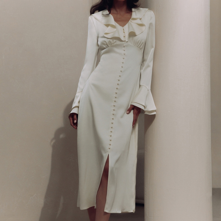 Ootddress Ruffled Elegant For Women Long Dress Fashion V-Neck Patchwork Long Sleeve Slim Party Dress Gown White Spring Maxi Dress