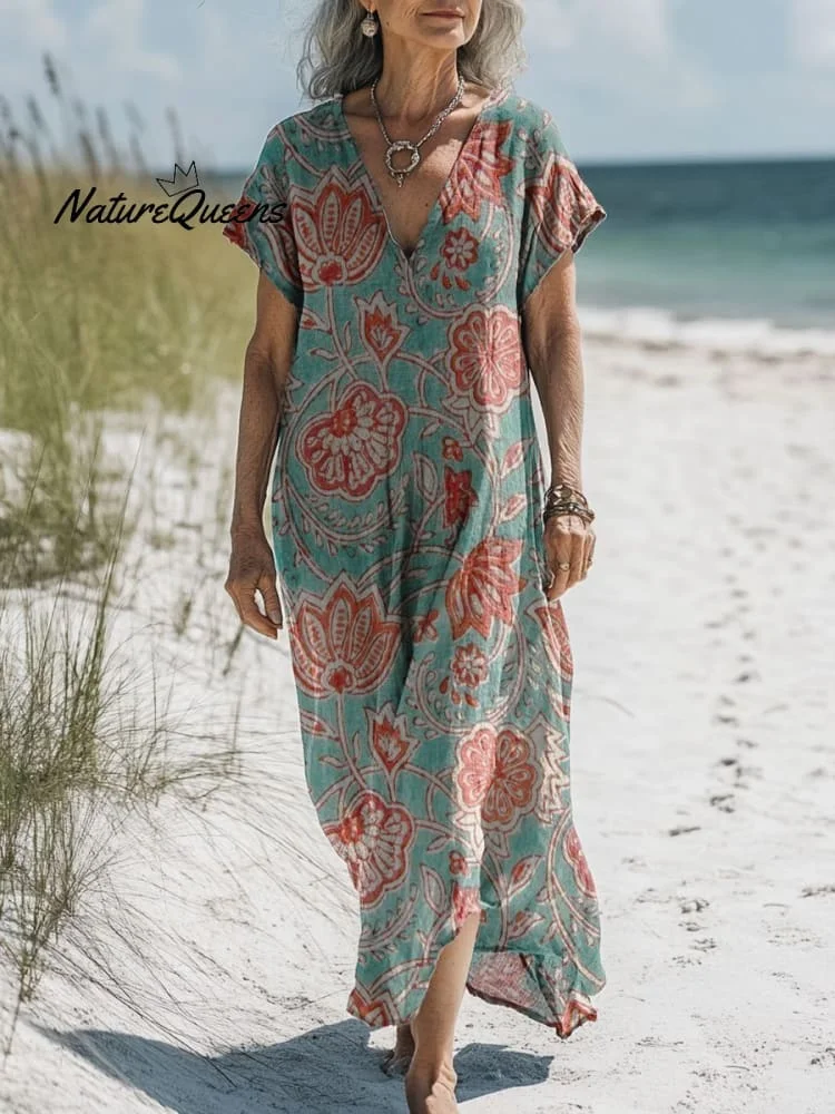 Women's Vintage Colorful Flower Art Print Pocket Cotton Dress