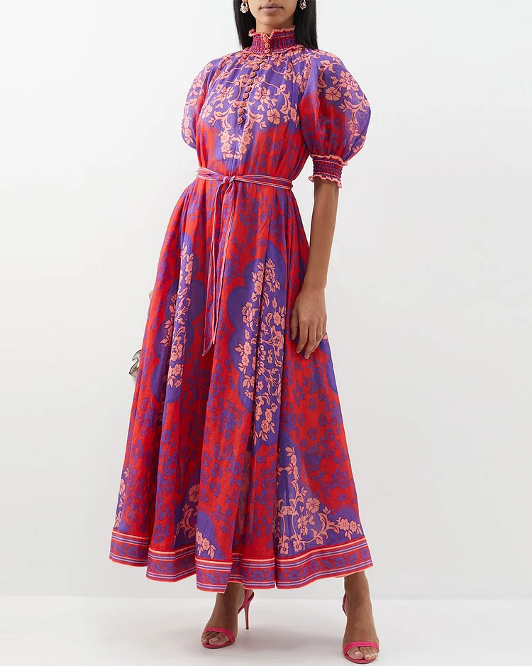 Floral print puff sleeve ramie dress