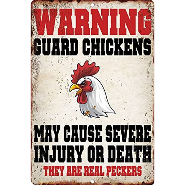 Les poulets de garde d’avertissement peuvent causer de graves dommages ou la mort - enseignes en étain vintage / panneaux en bois - 7.9x11.8in & 11.8x