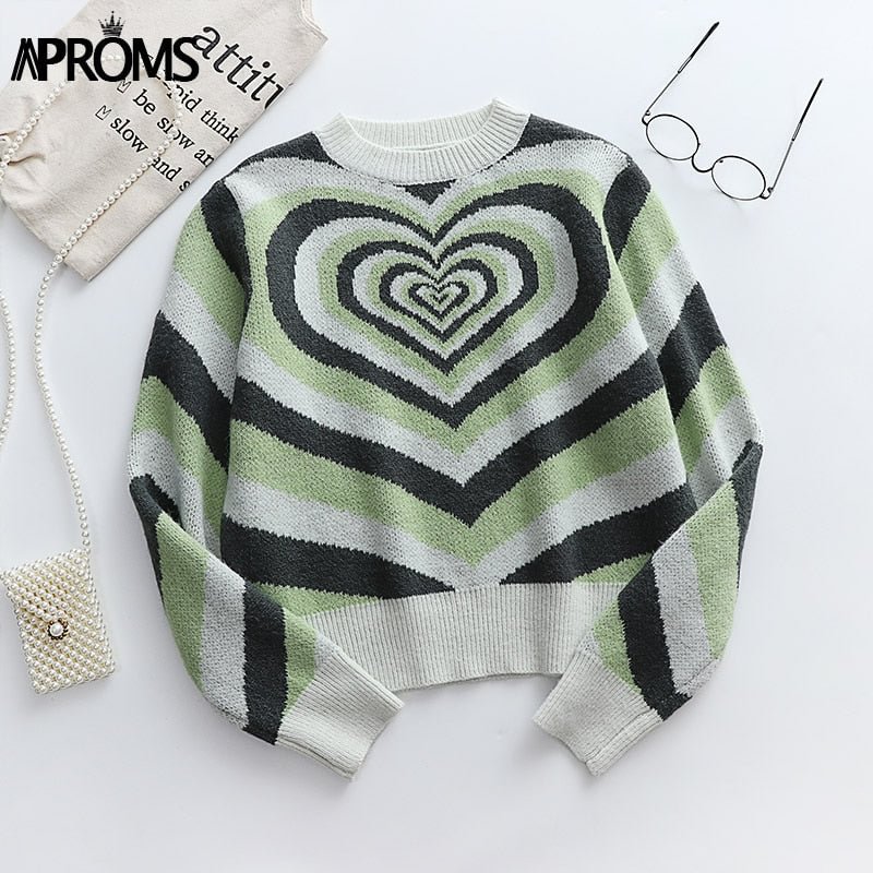 Aproms Elegant Multi Heart Print Loose Pullovers and Sweaters Women 2022 Winter Warm Knitted Jumper Female Fashion Top
