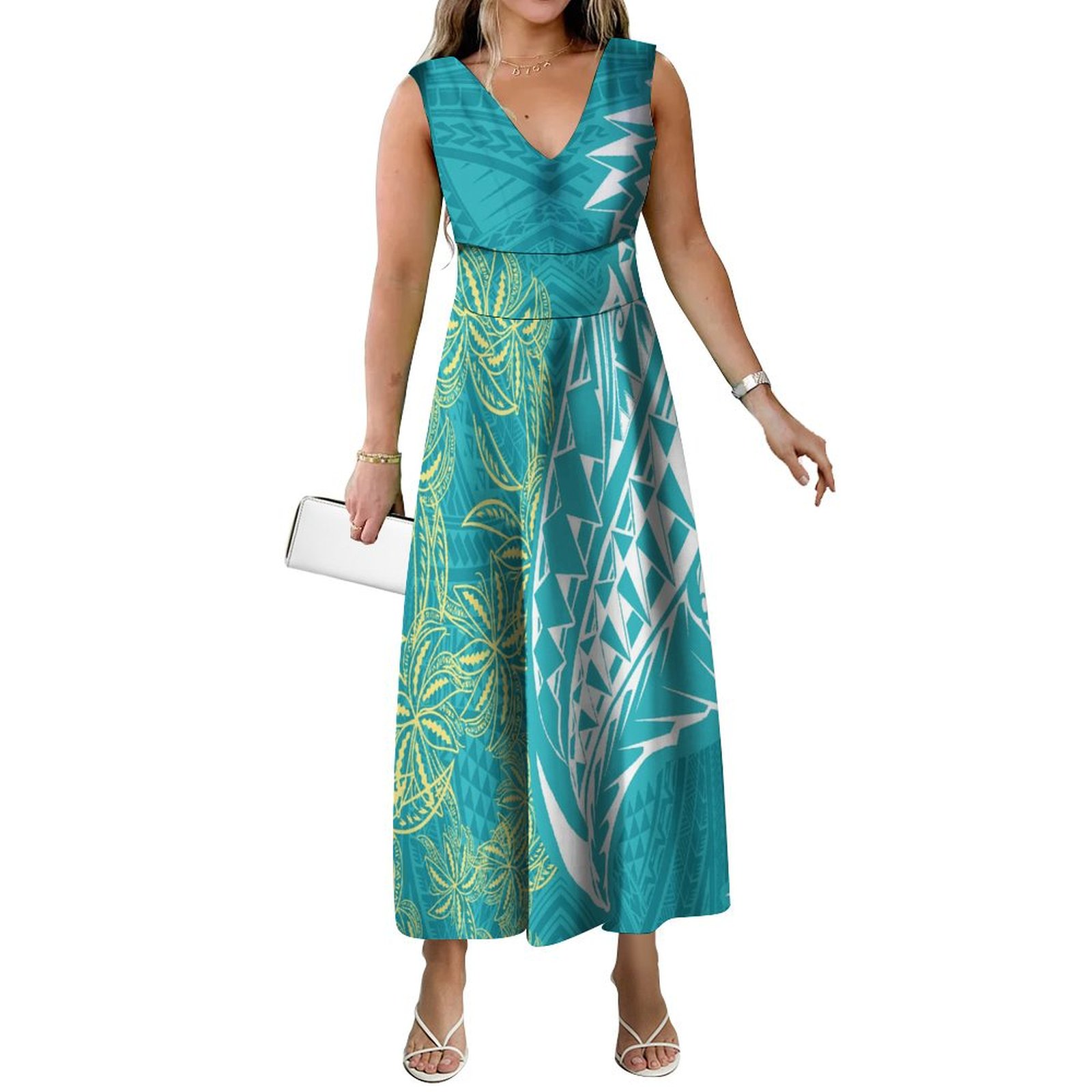 Tozwheels Pacific Island Art Print Ladies Dress Maxi Polynesian Women'S Summer Dress Soft Fabric Women'S High Quality Casual V-Neck Dress