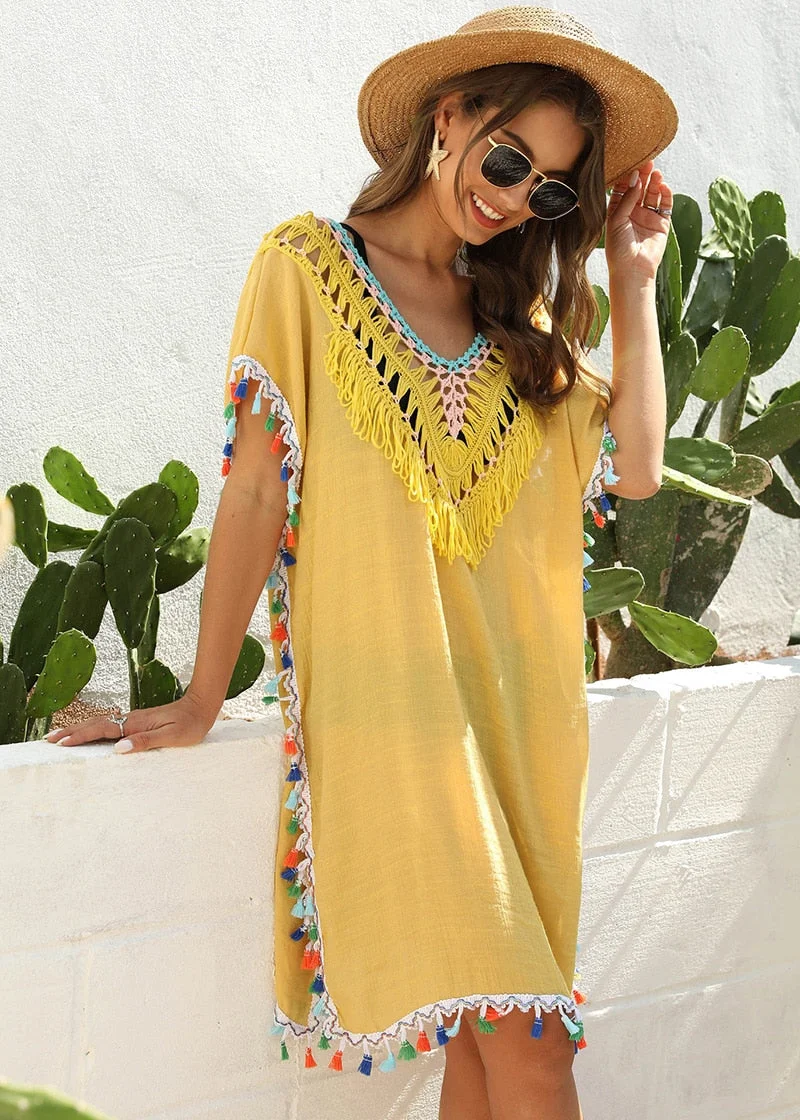 Fitshinling Handmade Crochet Beach Dress Backless Transparent Sexy Yellow Pareos Swimwear Bohemian Summer Holiday Tassel Robe