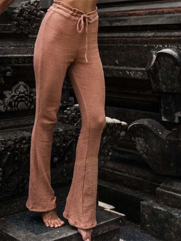 Ladies Linen High Waist Elastic Trousers-Mayoulove