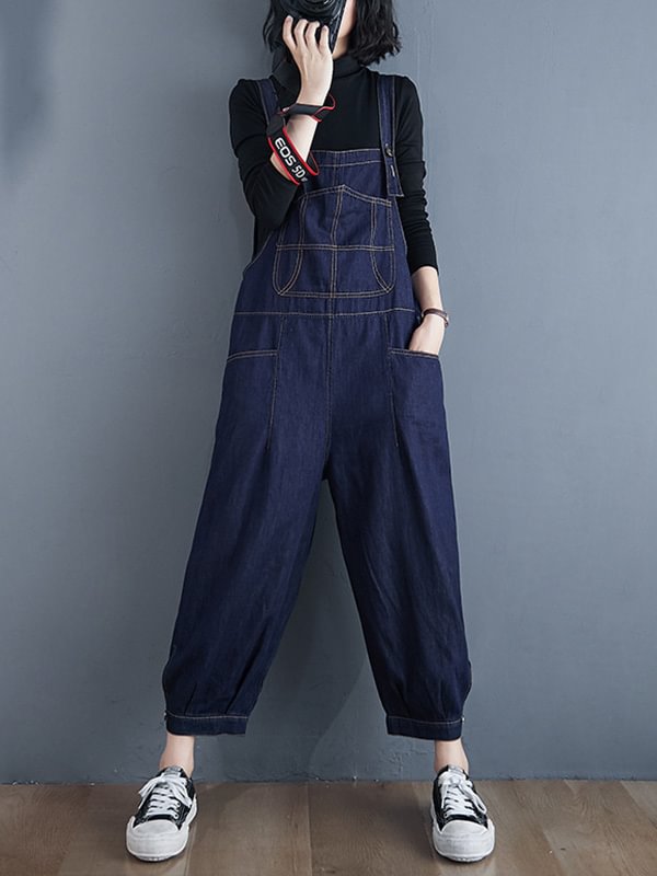 Casual Denim Large Pocket Buttoned Overalls