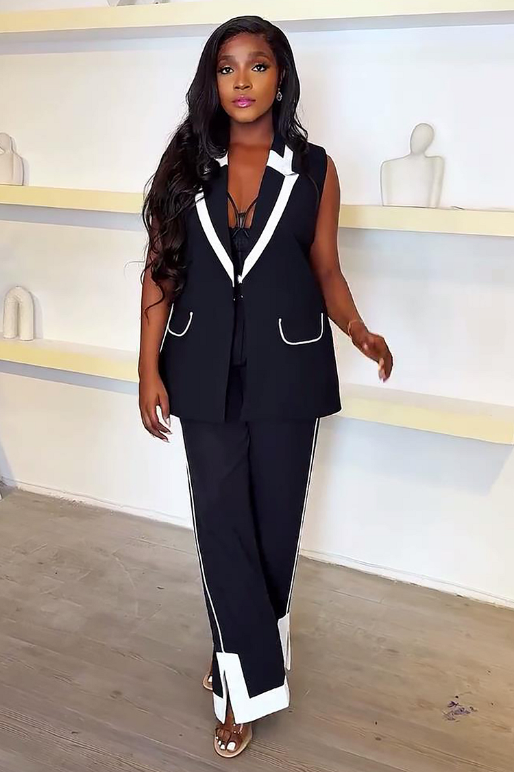 Notch Collar Colorblock Waistcoat Slit Straight Leg Pants 2pcs Set-Black