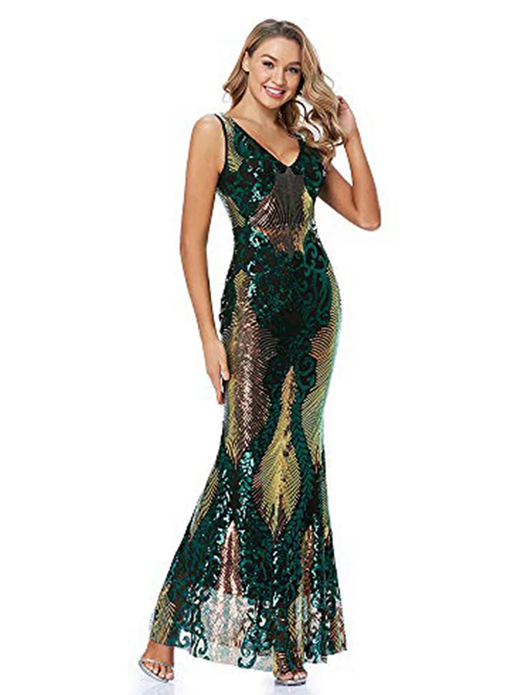 Women's Double V-Neck Sequined Evening Party Maxi Dress