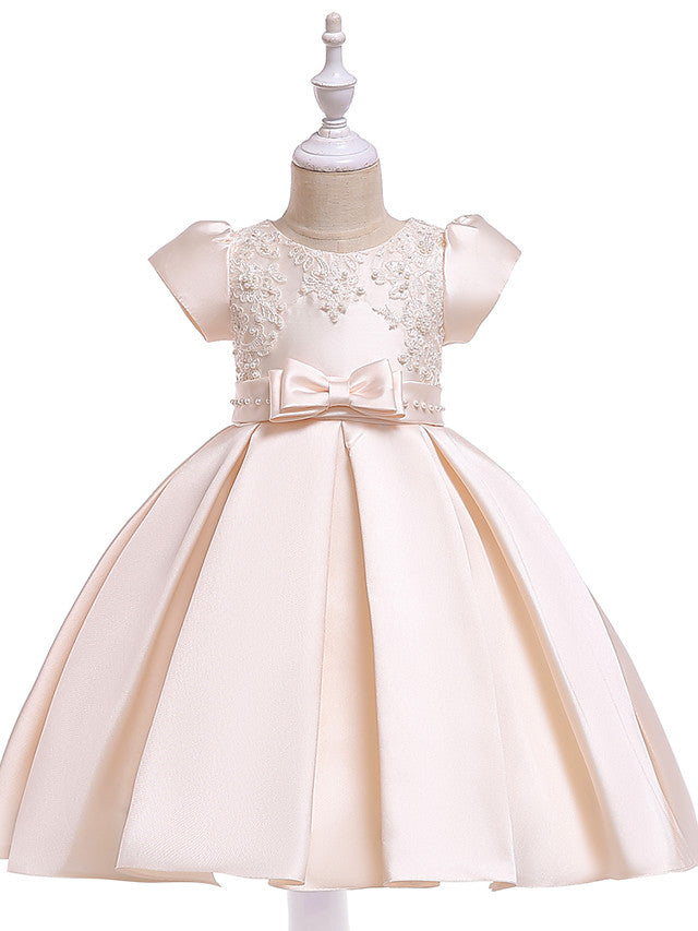 A-Line Knee Length Wedding / Birthday Cotton Blend Short Sleeve Jewel Neck With Petal / Sash / Ribbon / Pearls