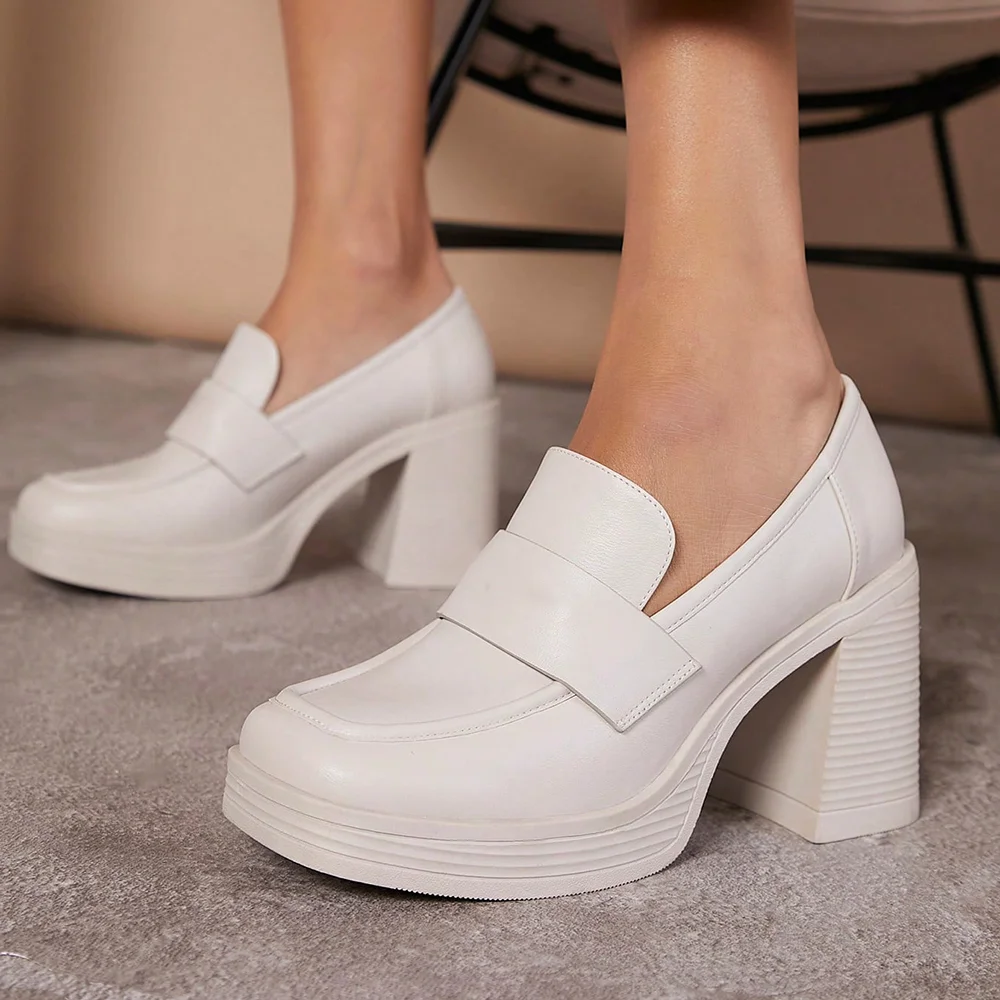 White Vegan Leather Closed Square Toe Platform Loafers With Chunky Heels Nicepairs