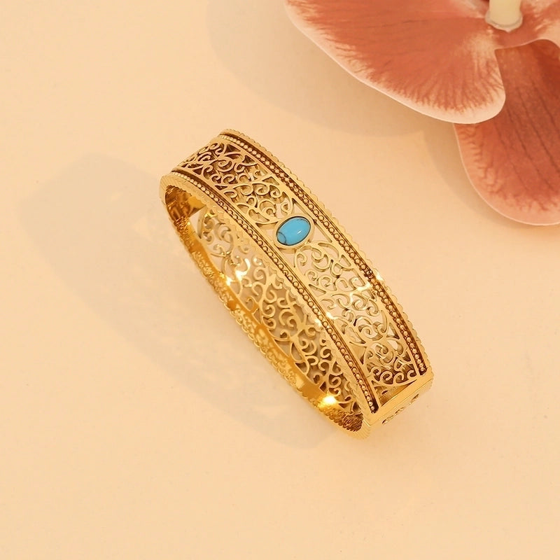 Vintage Style Minimalist Irregular 304 Stainless Steel 18K Gold Plated Turquoise Bangle In Bulk
