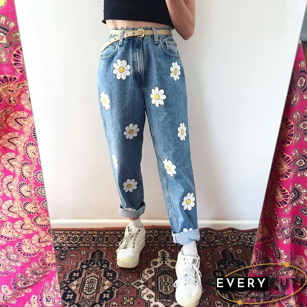 Fashion Flower Print Loose Jeans