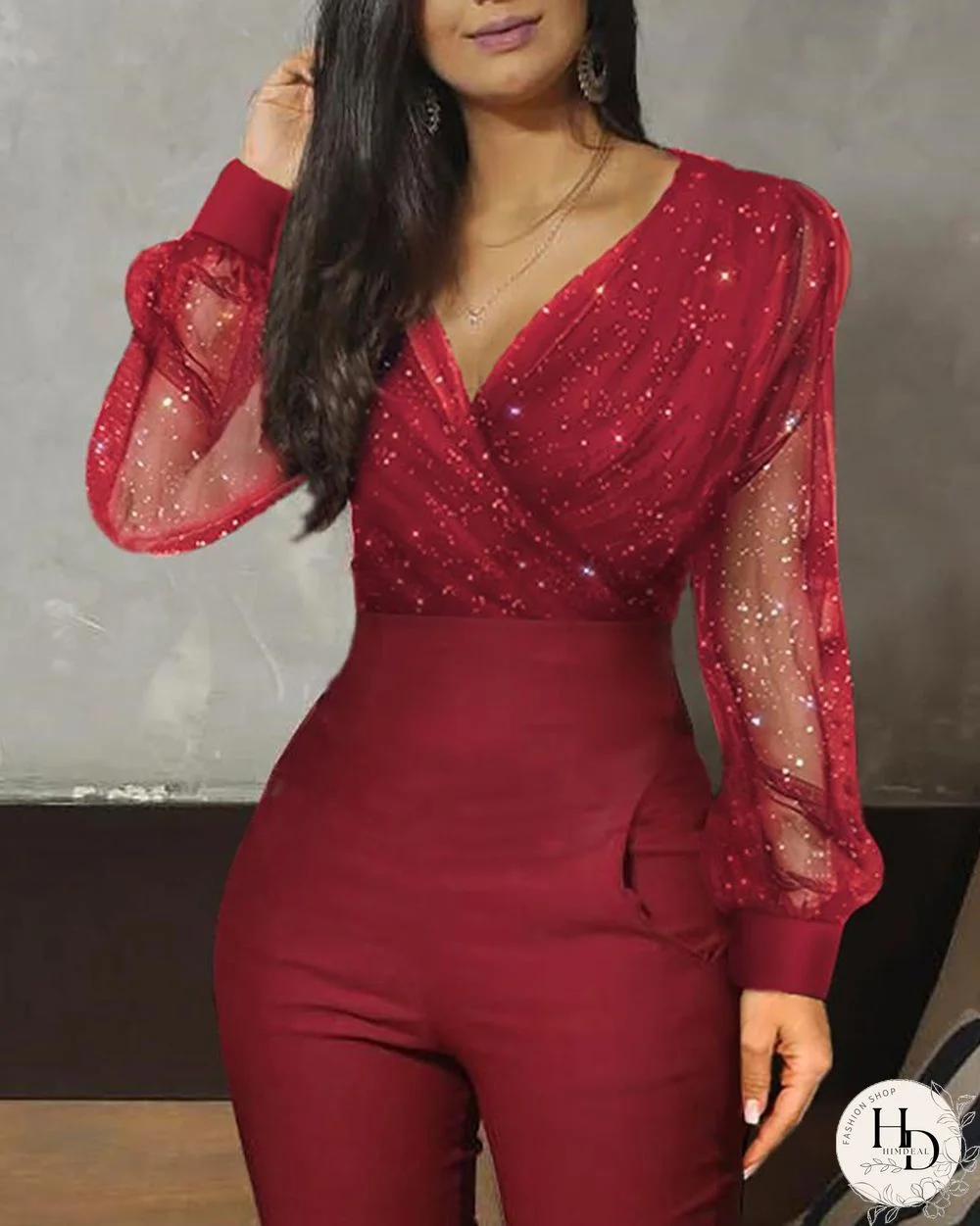 Sheer Mesh Glitter Pocket Design Jumpsuit P14716